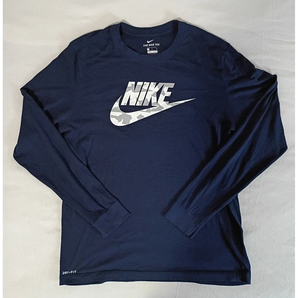 The Nike Tee Mens Large Navy Blue Camo Swoosh Dri-FIT Long Sleeve Shirt